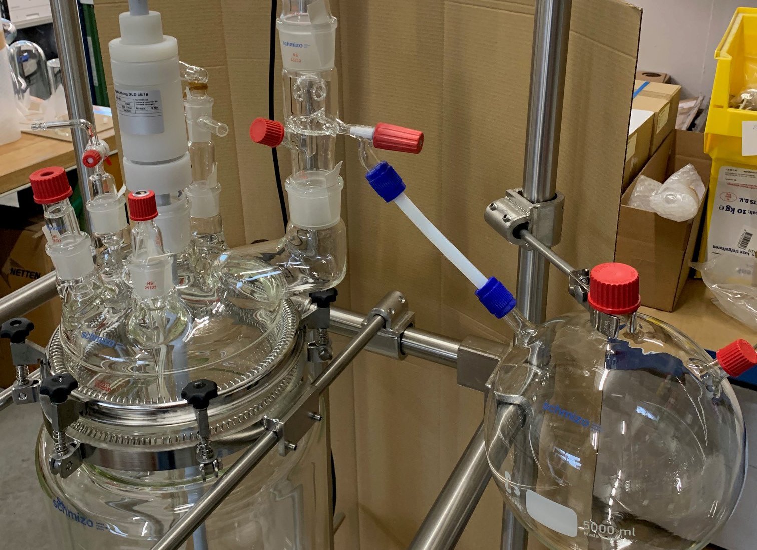 SCHMIZO Reactor system with 20 liter vessel, motor/stirrer, and simple distillation setup