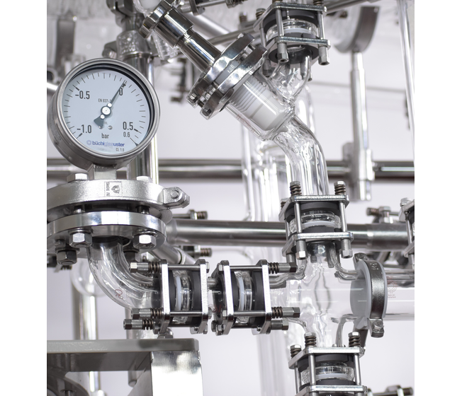 Glass piping with stainless steel buchiflex flanges for HPAPI synthesis reactor systems